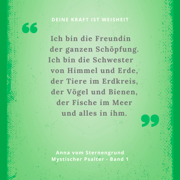 Meditation 3: Ich bin die Freundin
der ganzen Schöpfung.
Ich bin die Schwester
von Himmel und Erde,
der Tiere im Erdkreis,
der Vögel und Bienen,
der Fische im Meer
und alles in ihm.